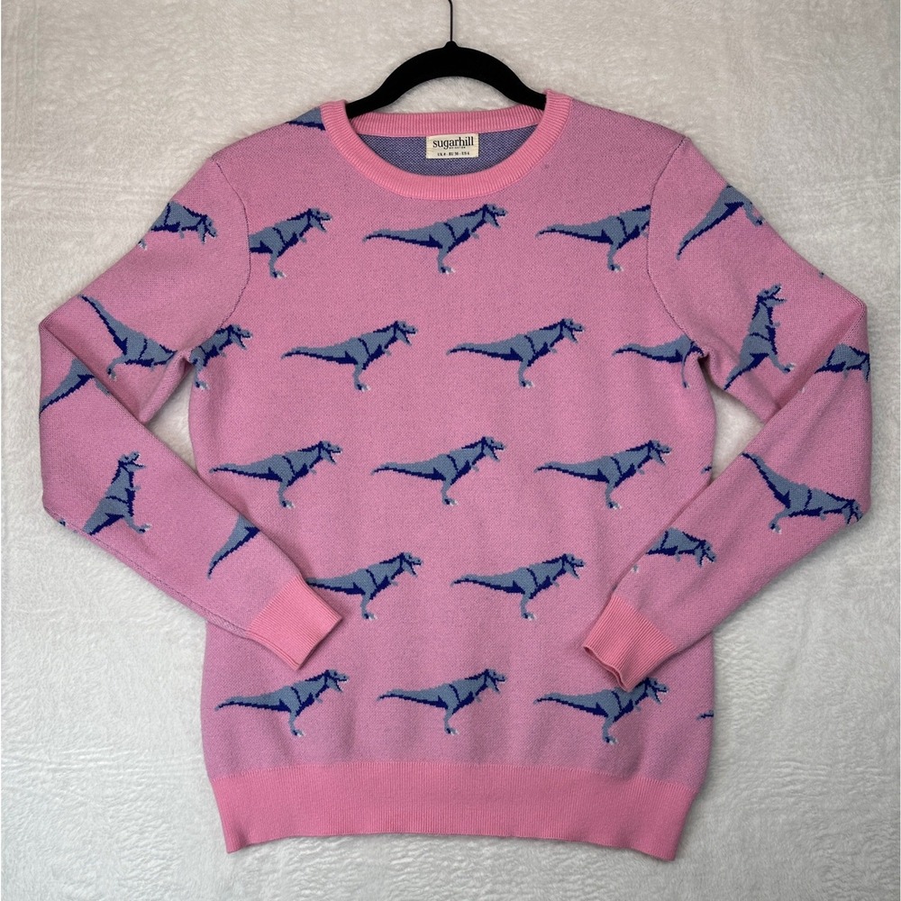 Sugarhill Brighton Dinosaur Sweater Womens US 4 Pink Blue Intarsia Knit